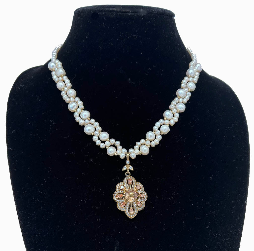 Stylish Pearl Necklace, With Golden Color Topaz  Pendant
