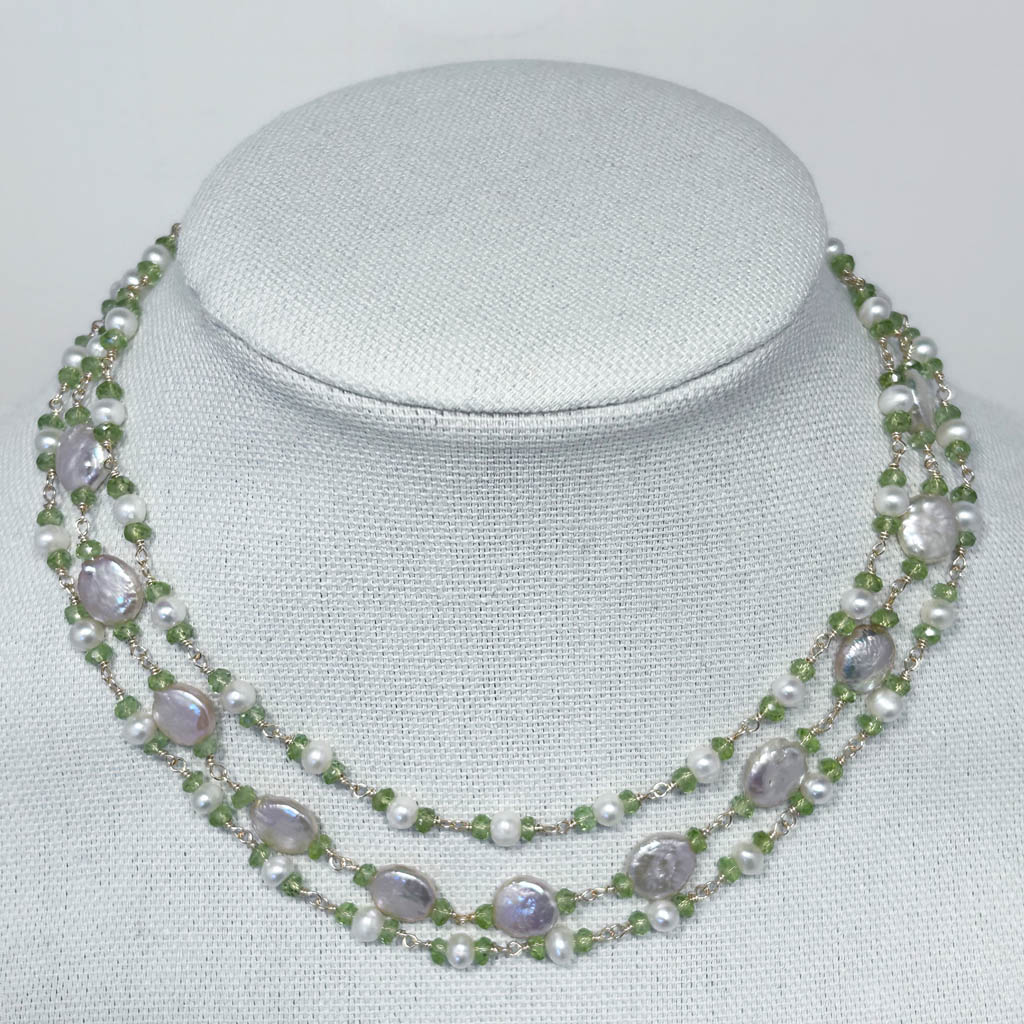 Three Strands Stylish Pearl And Peridot Necklace