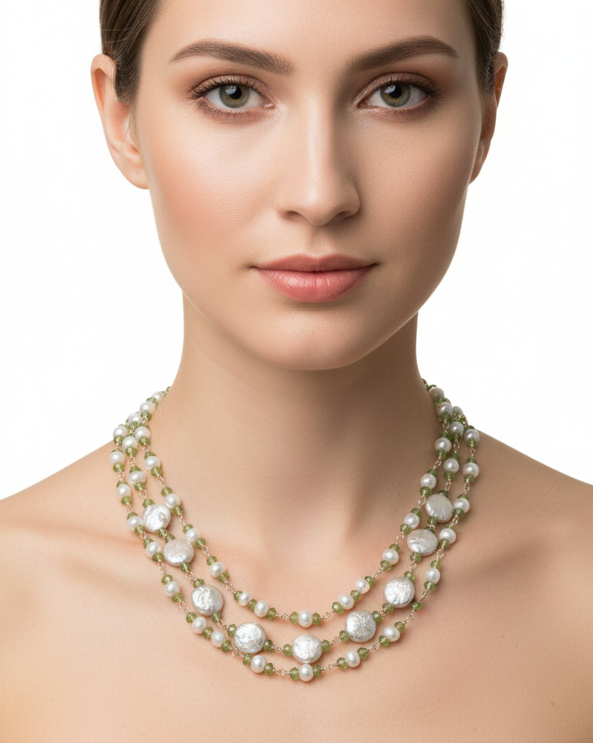 Three Strands Stylish Pearl And Peridot Necklace