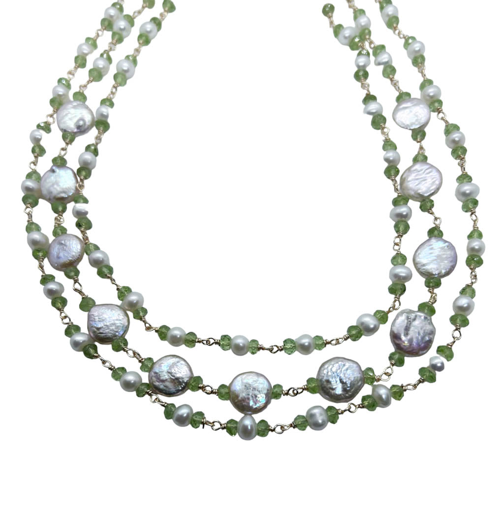 Three Strands Stylish Pearl And Peridot Necklace