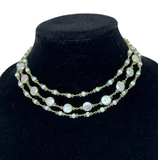 Three Strands Stylish Pearl And Peridot Necklace