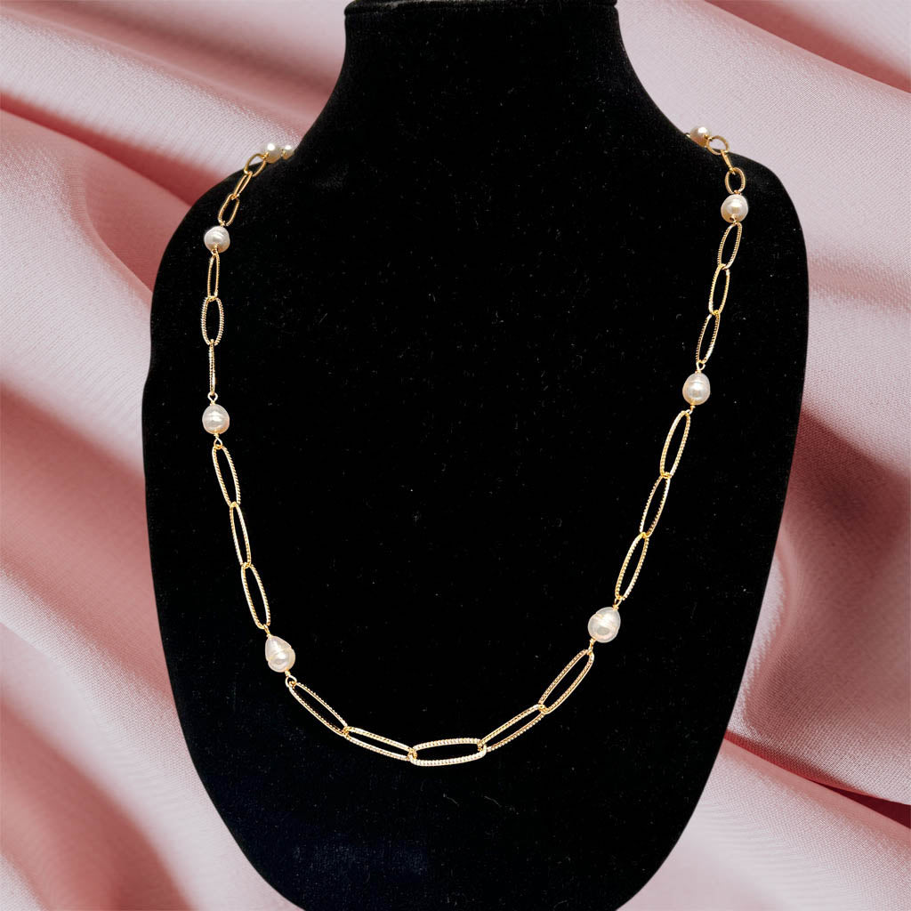 Long, Pearl And Gold Plated Chain Necklace