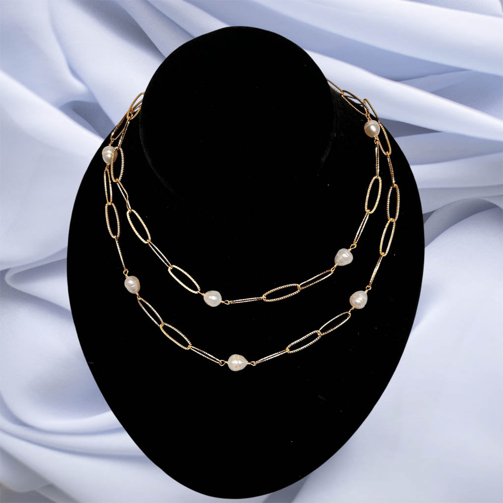 Long, Pearl And Gold Plated Chain Necklace