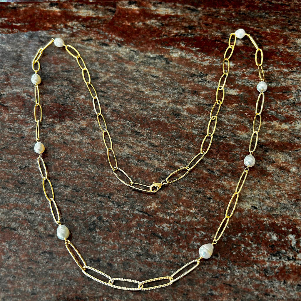 Long, Pearl And Gold Plated Chain Necklace
