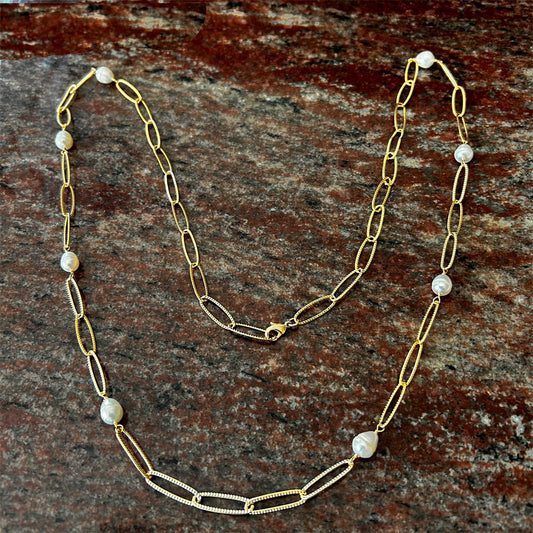 Long, Pearl And Gold Plated Chain Necklace