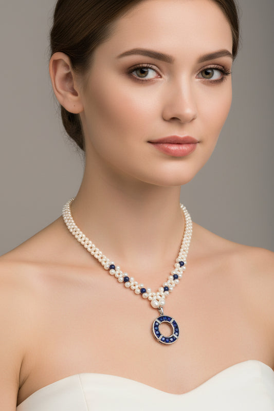 Elegant Pearl, And Lapis Lazuli Necklace With Lapis Lazuli Pendant