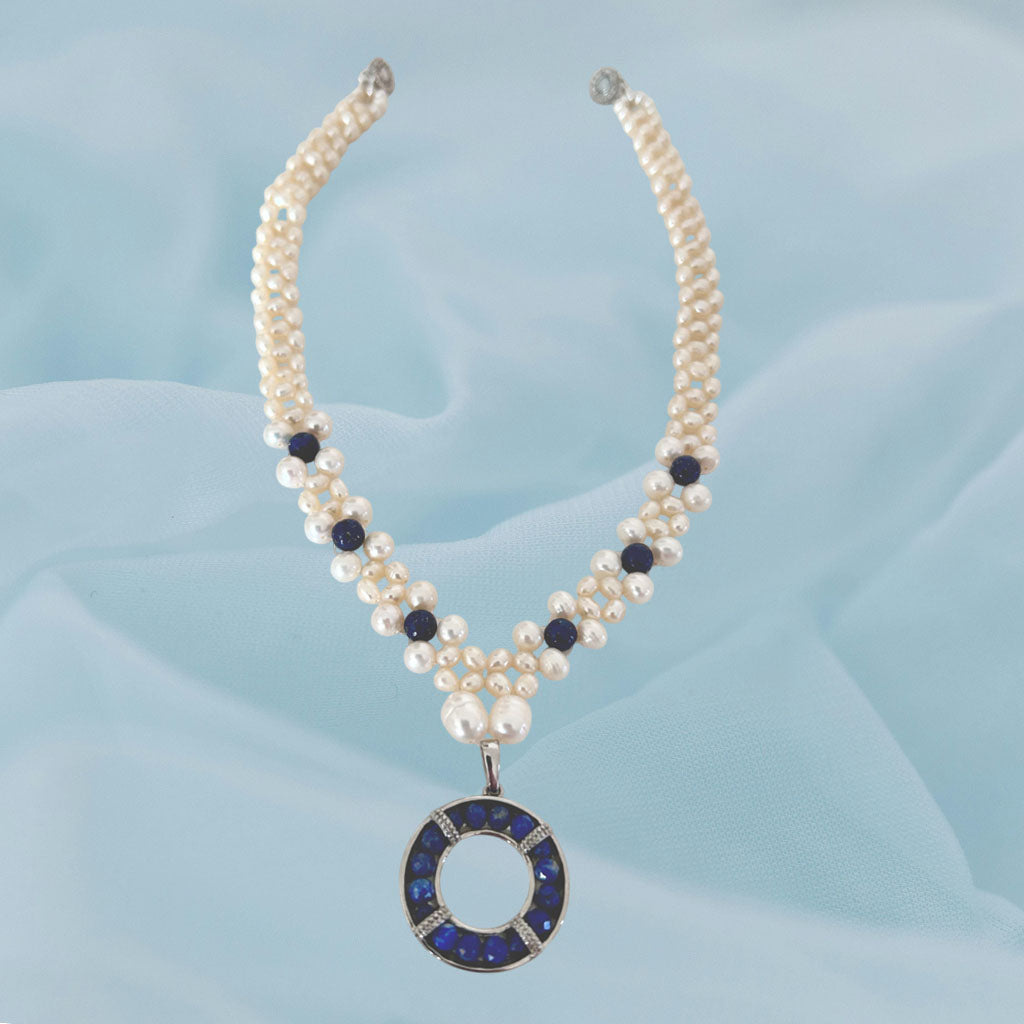 Elegant Pearl, And Lapis Lazuli Necklace With Lapis Lazuli Pendant