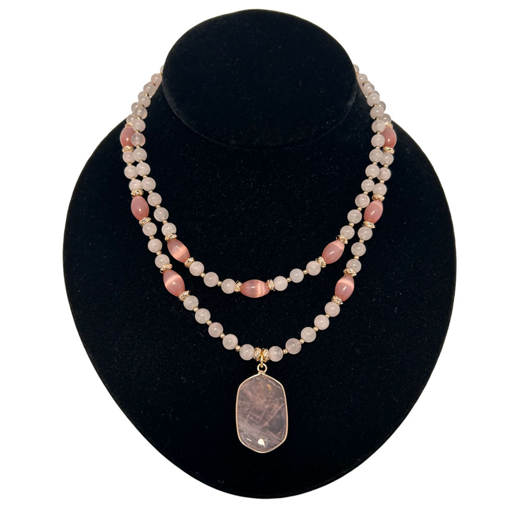 Two Strands Rose Quartz, And Pink Cat Eye Necklace With Rose Quartz Pendant