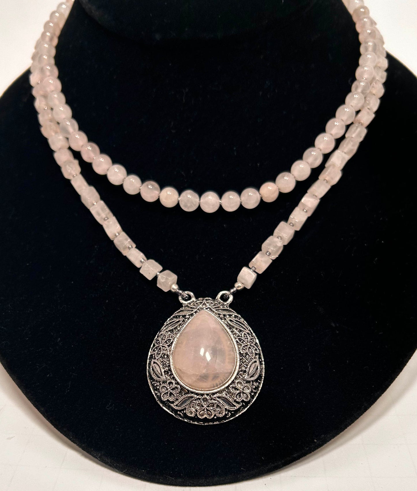 Two Strands Rose Quartz Necklace With Rose Quarts Pendant