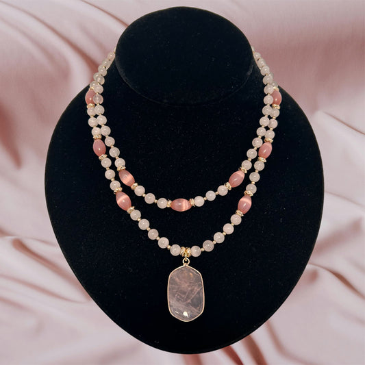 Two Strands Rose Quartz, And Pink Cat Eye Necklace With Rose Quartz Pendant