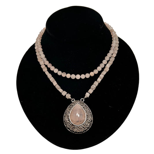 Two Strands Rose Quartz Necklace With Rose Quarts Pendant
