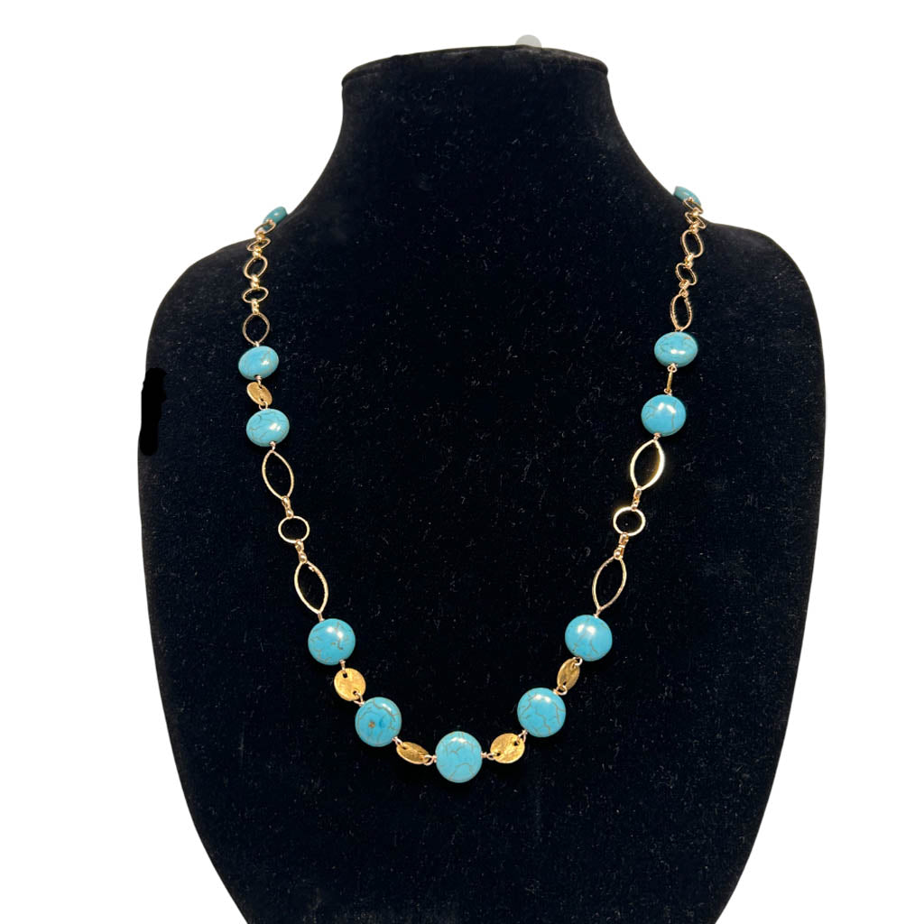 Long, Turquoise, And Gold Plated Necklace