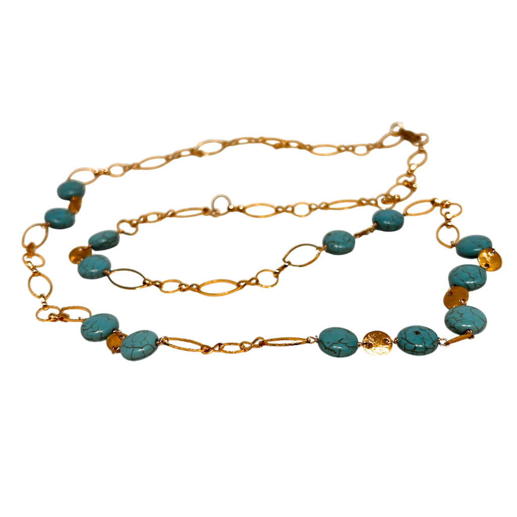 Long, Turquoise, And Gold Plated Necklace