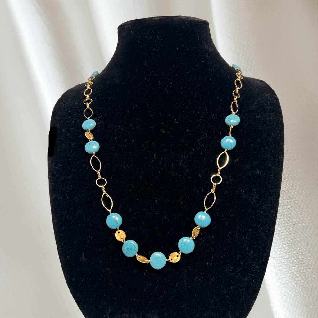 Long, Turquoise, And Gold Plated Necklace