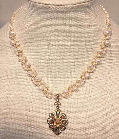 Stylish Pearl Necklace, With Golden Color Topaz  Pendant