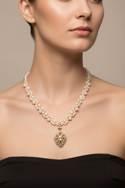 Stylish Pearl Necklace, With Golden Color Topaz  Pendant