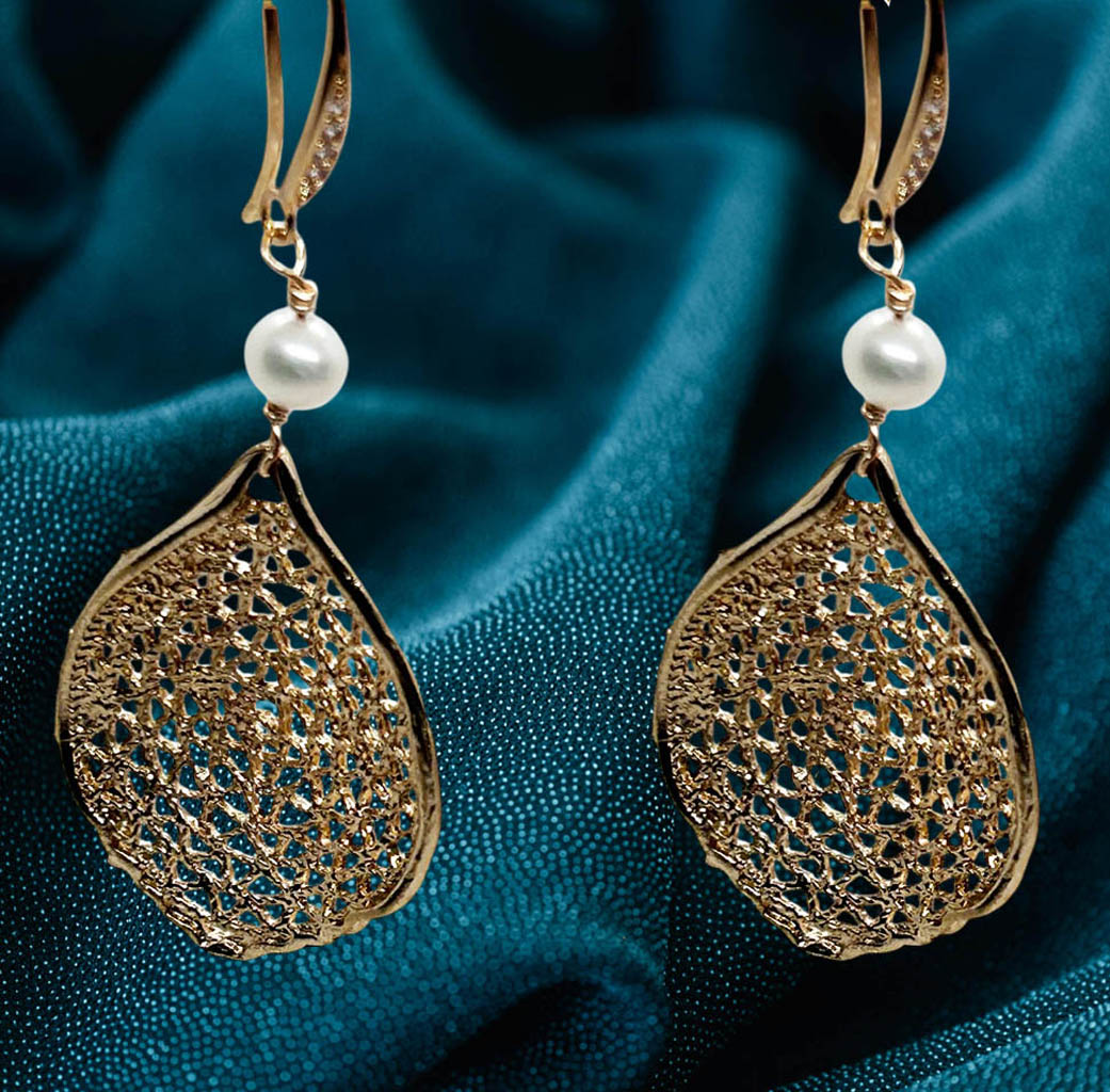 Mesh Design Drop And  Pearl Earrings