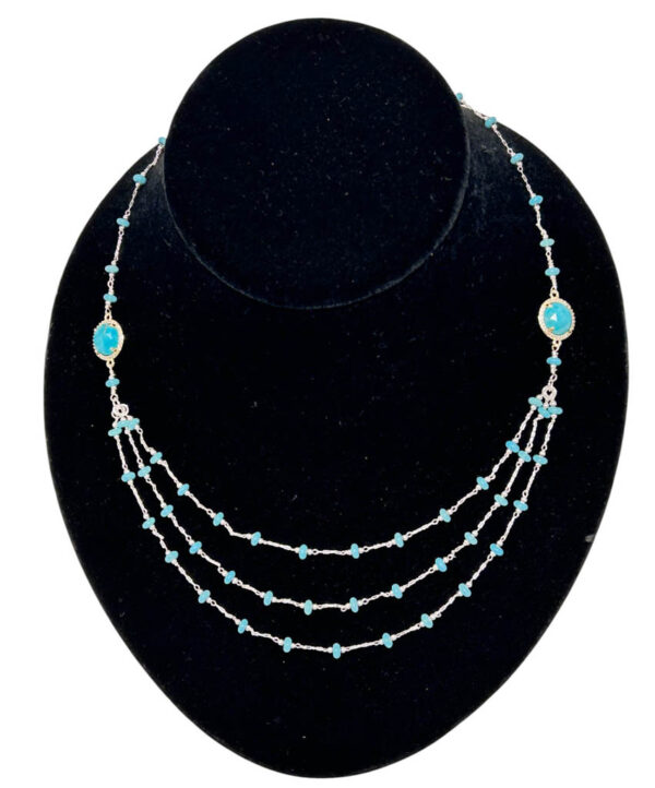 Three Strands Natural Turquoise, And Sterling Silver Necklace