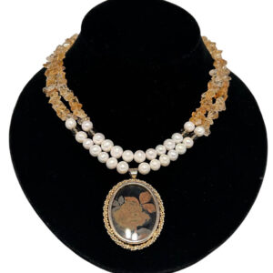 Two Strands Citrine, and Pearl Necklace, With Antique Pendant