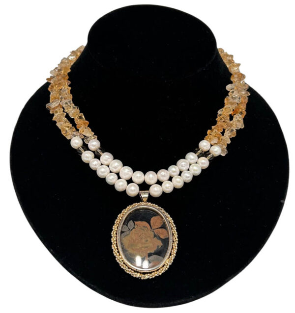 Two Strands Citrine, and Pearl Necklace, With Antique Pendant