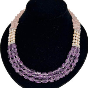 Three Strands Amethyst, Pearl, And Rose Quartz Necklace