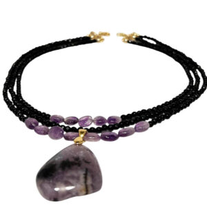 Three Strands Black Onyx, And Amethyst With Amethyst pendant