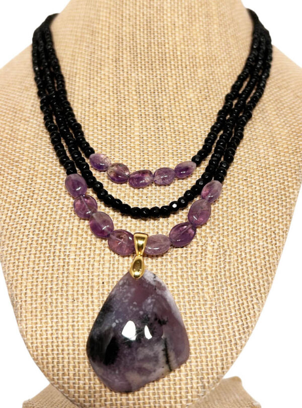 Three Strands Black Onyx, And Amethyst With Amethyst pendant - Image 3