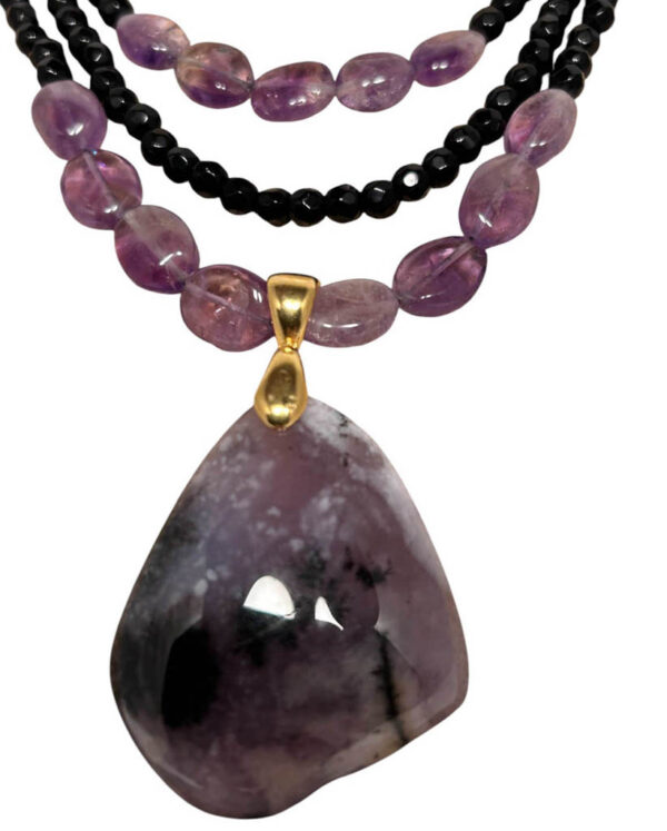 Three Strands Black Onyx, And Amethyst With Amethyst pendant - Image 2